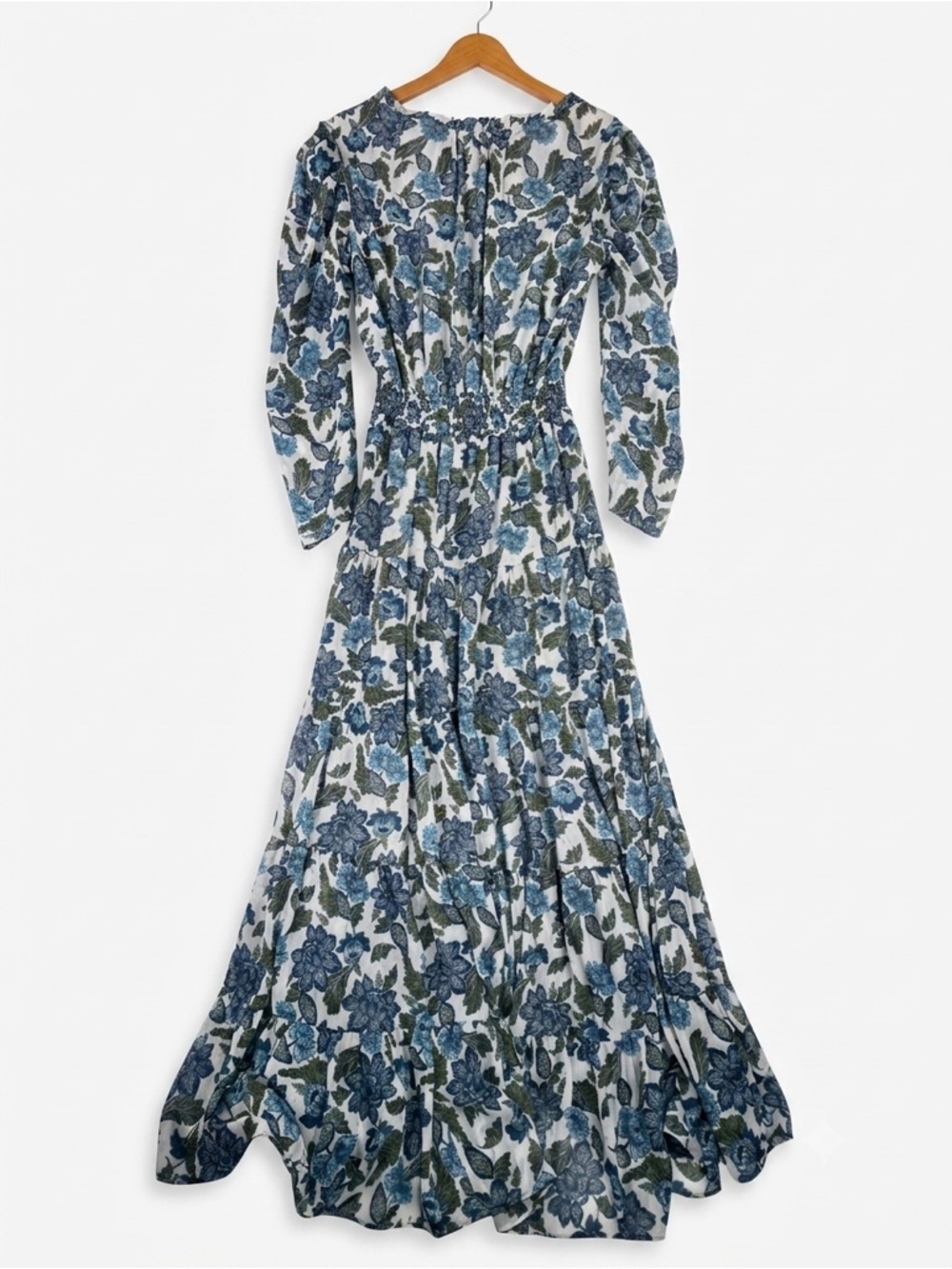 MISA Los Angeles Vida Maxi Dress Smocked Floral Lurex Blue Green L - Picture 3 of 16
